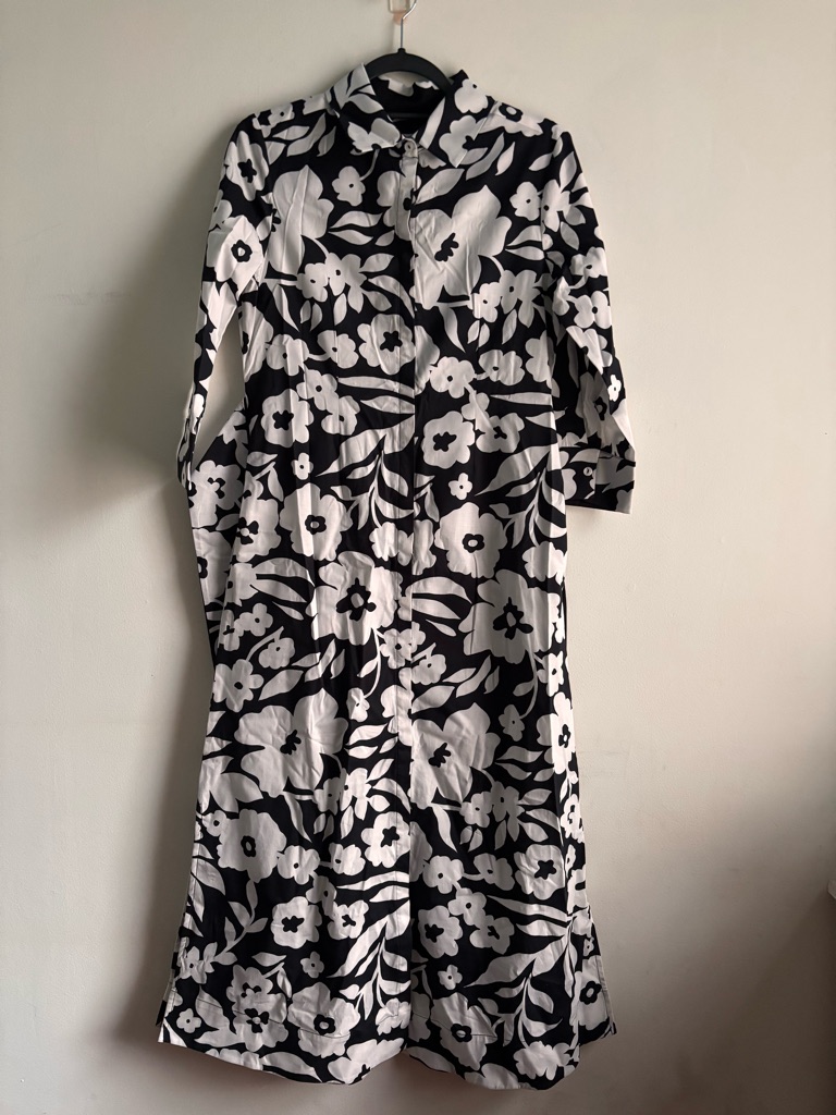 Black & White Floral Long Sleeve Maxi Dress With Button Front